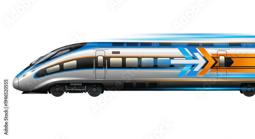 Sleek, modern high-speed train with dynamic blue and orange arrow graphic on white background