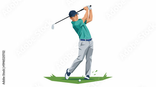 An illustration of a male golfer in a blue cap and teal polo shirt, mid-swing, hitting a golf ball on a green patch of grass.
