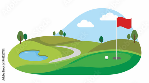 Vibrant green golf course with a red flag on a sunny day, featuring a tranquil pond and a winding path leading to the hole