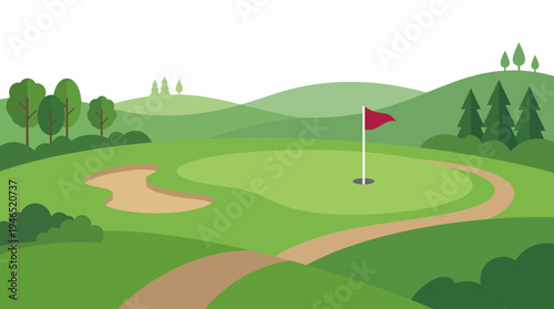 A stylized illustration of a golf course with a green, red flag, sand bunker, and rolling green hills in the background under a clear sky.