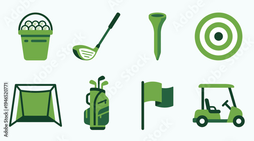 A collection of golf equipment and accessories in a two-tone green illustration style, featuring a bucket of balls, club, tee, target, net, bag, flag, and cart.