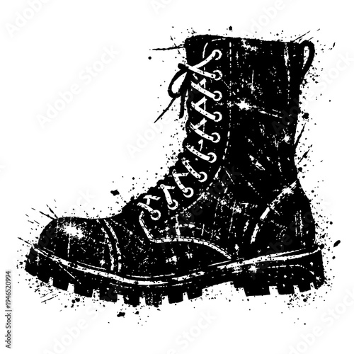 Black combat boot with white laces on a white background with grunge effect