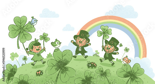 Three cheerful leprechauns dancing on green hill with shamrocks rainbow