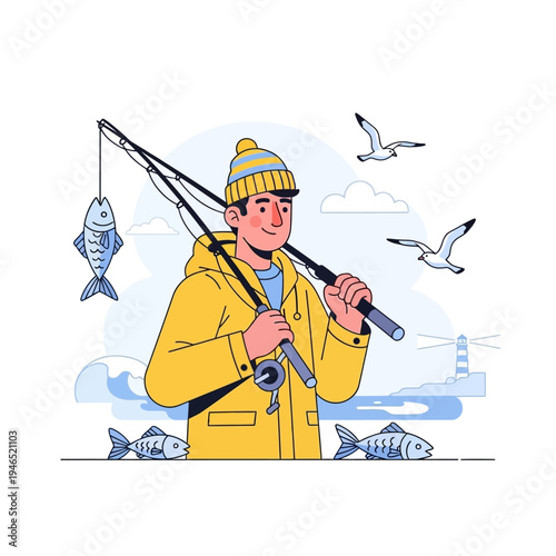 Happy Fisherman With Catch, Seagulls Flying Over Lighthouse and Sea