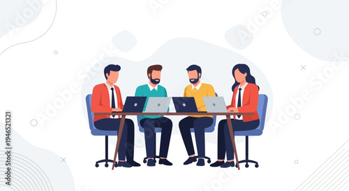 Diverse team collaborating around a table with laptops, modern office meeting