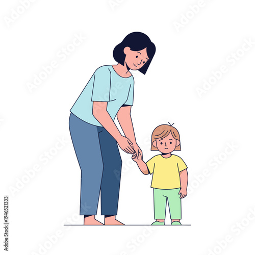 Mother holding child's hand, teaching to walk, family bonding, everyday life, flat illustration