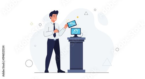 Man presenting new technology on a stand, innovation concept