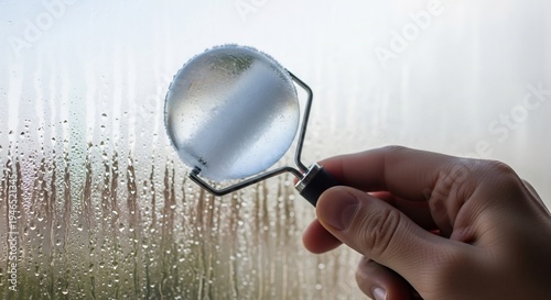 Magnifying glass examining condensation on a window pane.