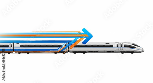 Modern high-speed train traveling on a railway track with abstract directional arrows indicating motion