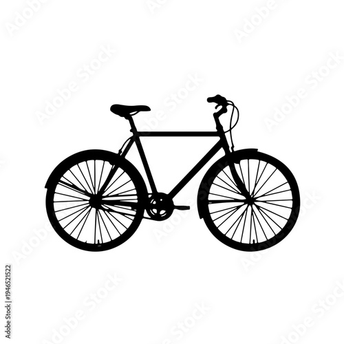 Classic black and white silhouette graphic of a traditional commuter bicycle featuring fenders and a diamond frame isolated on a white background.