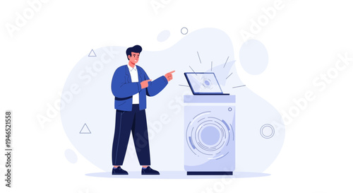 Man points to laptop on washing machine, smart home technology concept