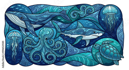 Ocean waves with dolphins marine wildlife illustration