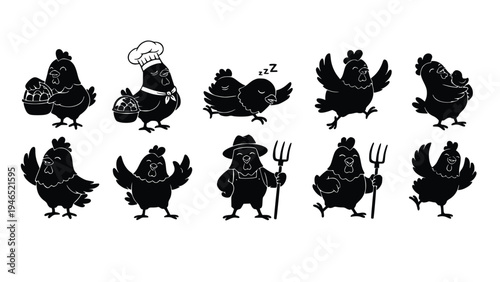 Various cartoon chickens in different poses and costumes