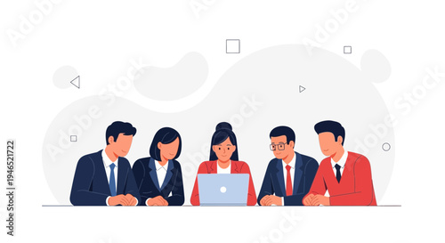 Business Meeting: Diverse Team Collaborating Around Laptop in Modern Office