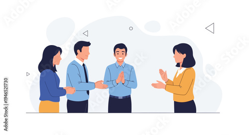 Diverse business team celebrating success, clapping and smiling in a modern office setting.