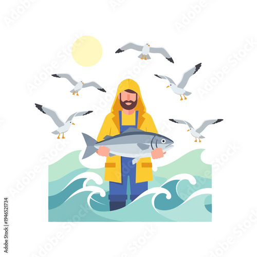 Fisherman holding big fish, surrounded by seagulls and ocean waves, sunny day