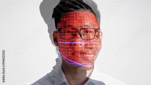 Diverse People Undergoing Facial Recognition Scan With Red Grid Overlay and Laser Lines