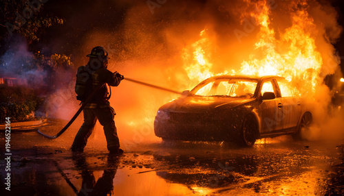 Brave firefighter in full protective gear using a fire hose to spray water on a dangerously blazing car engulfed in flames on a wet residential street during an emergency response operation
