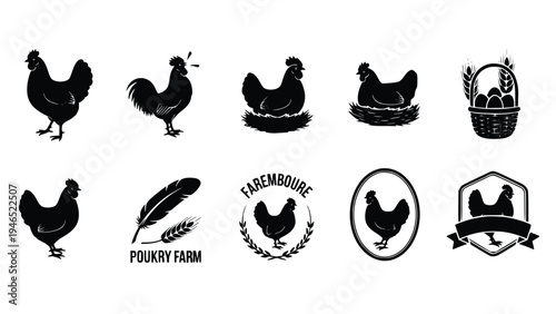 Black and white chicken farm logos and silhouettes collection