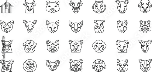 Farm and Wild Animal Face Line Icon Set with Cute Livestock Wildlife and Barn Outline Vector Collection for Kids Education and Logo Design