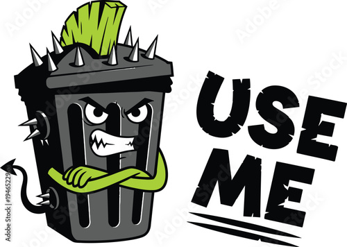 Creative mascot character holding a green plant in a trash can