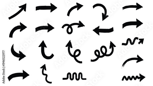 Hand drawn arrows in black on white background pointing in various directions and styles for design use