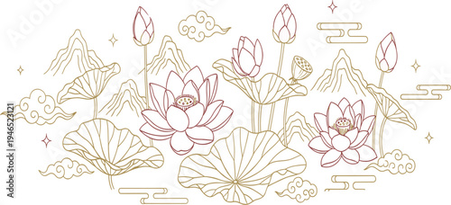 Elegant Lotus Flower Landscape Line Art with Mountains and Clouds Asian Inspired Botanical Illustration for Yoga, Meditation, Spa Branding, Zen Decor, and Wellness Designs