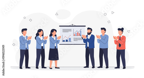 Business team applauding success at presentation with charts on whiteboard