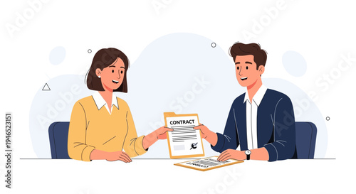 Business agreement: man and woman signing a contract at a desk