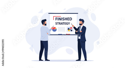 Businessmen presenting finished strategy on whiteboard with charts and graphs
