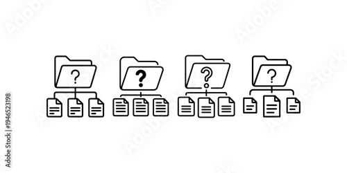 Folder icons with question marks and documents below hierarchy symbol graphic element outline design vector illustration isolated on white background