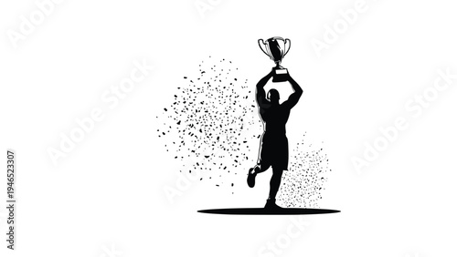 Silhouette of a triumphant man holding a trophy cup high in the air with confetti explosion