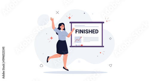 Woman celebrating success with a 'Finished' presentation board and graph