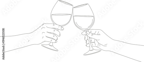 Two hands holding wine glasses in a celebratory toast gesture together