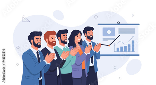 Business team applauding success during presentation with charts on screen