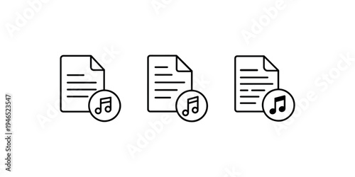Music file document icon collection showing paper sheets with musical note symbols in circles indicating audio metadata and digital song storage formats