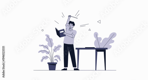 Man holding book and pencil, celebrating knowledge and learning, minimalist illustration