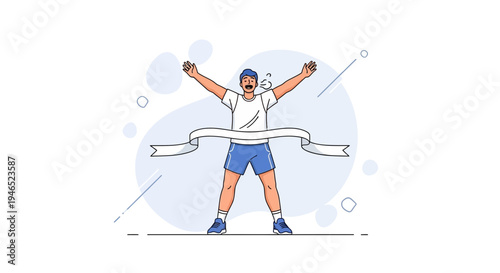 Man crossing finish line with arms raised in victory, celebrating achievement and success