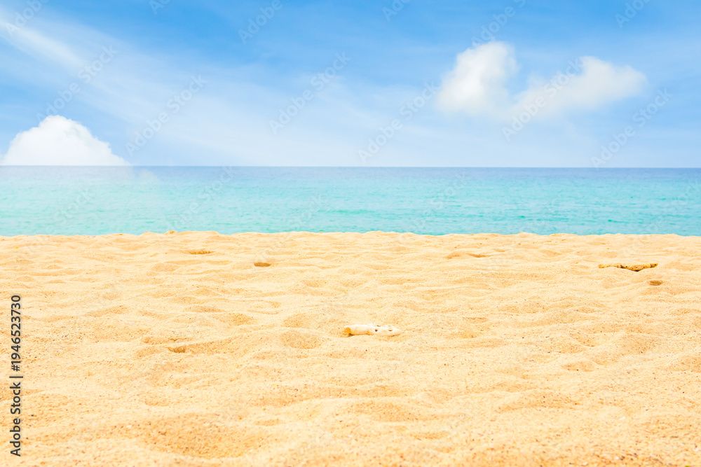 Obraz premium Summer background sea blue with cloud sky, coast island scene mockup water nature travel vacation holidays tropical, mockup ocean ecosystem energy change environment, backdrop product cosmetic.