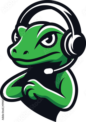Cute green frog wearing headphones and smiling cheerfully