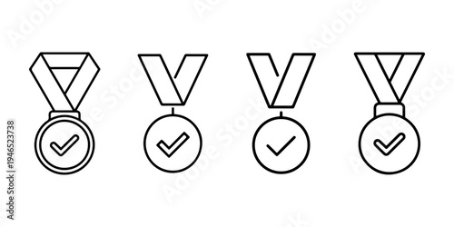 Collection of four line art medal icons with checkmarks indicating success achievement and victory in contests and awards