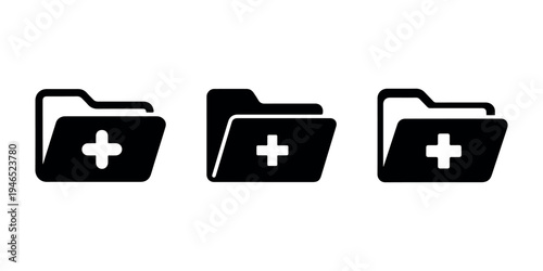 Three black filled folder icons with a plus sign indicating adding new files or creating new documents and records