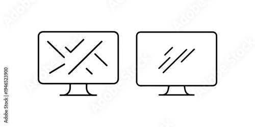 Broken screen and clean monitor icon set representing display issues and perfect screens, useful for repair and technology themes