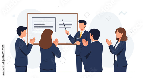 Business meeting success: team applauds speaker presenting on whiteboard