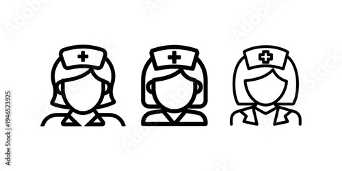 Set of three line art icons representing nurses with medical caps and crosses symbolizing healthcare professionals working in hospital or clinic settings providing care and support