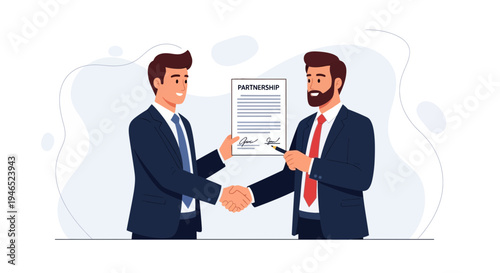 Business partners shaking hands and signing partnership agreement document