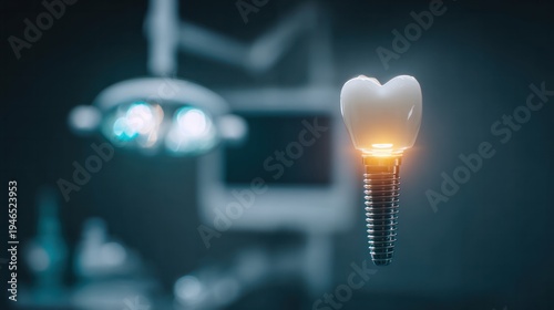 Single dental implant with glowing crown in dark clinic background showcasing premium tooth replacement and restorative dentistry