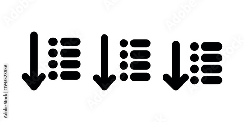 Minimalist sort menu icon set with downward arrow and list items representing data organization filtering options for modern web and mobile interface design