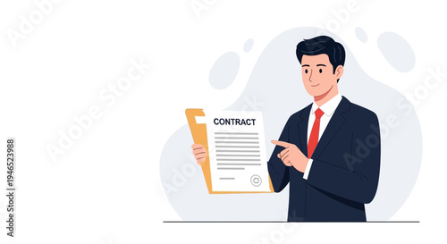 Businessman holding a contract agreement, pointing to document, business deal concept