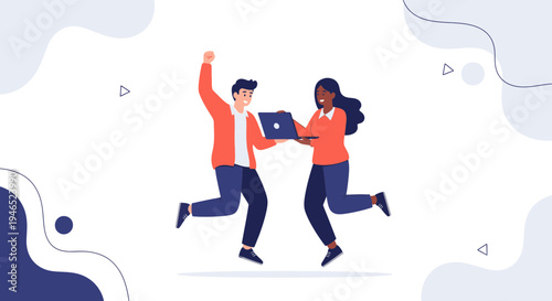 Excited Diverse Couple Jumping with Laptop, Celebrating Success
